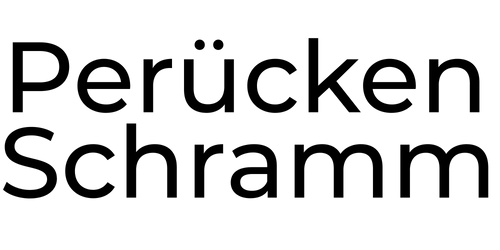 Ein schwarz weißes Logo, mit schwarzer Schrift Perücken geschrieben und direkt darunter Schramm, alles auf einem transparenten Hintergrund. 