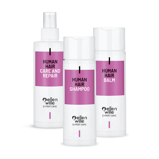 PFLEGESET FÜR ECHTHAAR & MISCHHAAR – SHAMPOO, BALSAM & PFLEGE- UND SCHUTZSPRAY (je 200 ml)
